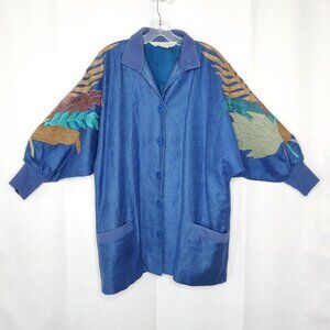 Vintage 80s Womens Jacket L Blue Linen Leather Embellished Dolman Artsy Boho